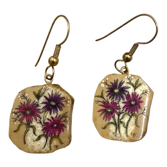 Artisan Jewelry - Vintage Handpainted Pink Flowers Stone Earrings Brass Earwires Handmade Artisan